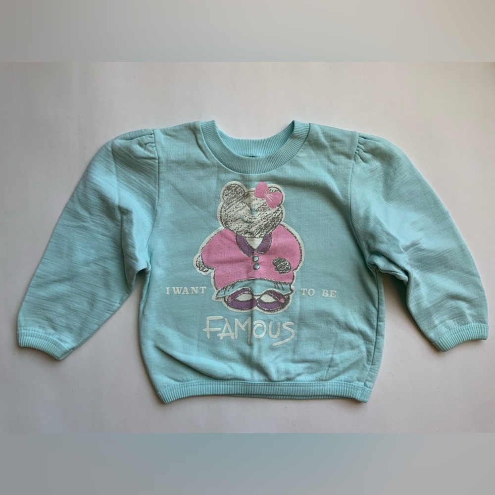 Vintage 90s Kids Light Blue Graphic Sweatshirt with Pink Bear